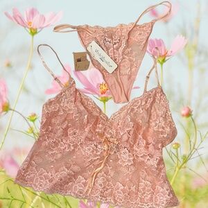 Verde Veronica Dream Vintage Lace Bra Cami Thong Lingerie Set Pink NWT Italy